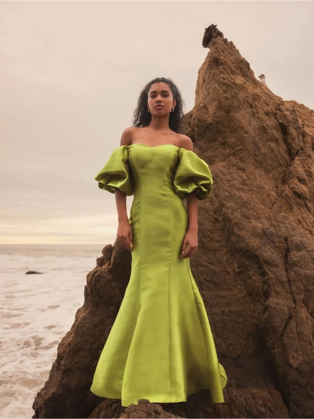 Mac Duggal Sweetheart Off-the-Shoulder Puff Sleeve Gown in Chartreuse, Size 14